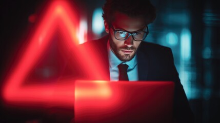 Man in suit working on laptop with red cybersecurity alert icon