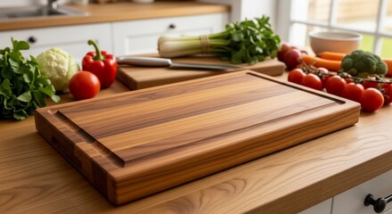 Wooden cutting board with variety of colorful fresh vegetables on kitchen counter