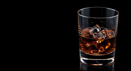 Glass of whiskey with ice cubes on black background  