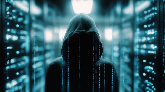 Hooded figure in front of servers with binary code and digital mask