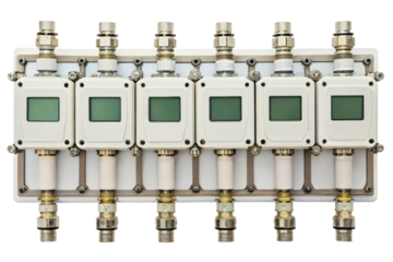 Industrial panel with six electronic display meters isolated with transparent background