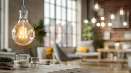 A row of bright light bulbs illuminating a dark, industrial-style loft, with one bulb in the center glowing brighter than the others, casting soft shadows across the exposed brick walls
