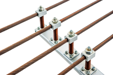 Heavy-duty braided copper cables in metal clamps isolated with transparent background