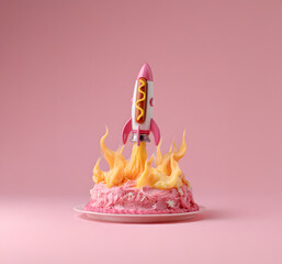 Whimsical Rocket Launching from a Pink Cake – Surreal food concept with playful twist. A toy-like pink rocket shaped as a hotdog, launching from the top of a whimsical pink cake.