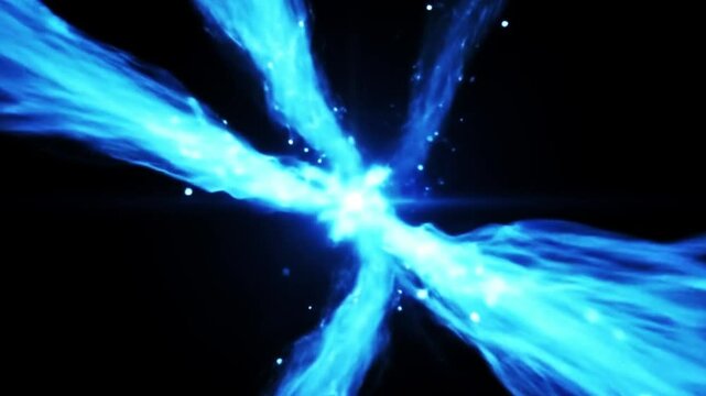 Blue energy streams burst from a central point, glowing with motion blur and distortion in a cinematic, hyperreal sci-fi environment.