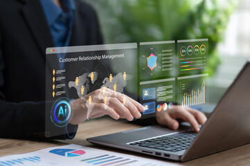CRM Customer Relationship Management with software technology concept, Businesswomen use AI technology to analyse human resource data, Automation relationship management, customer, Marketing system