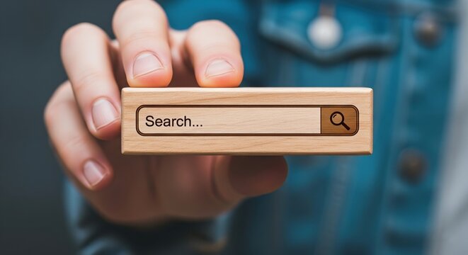 Search Icon on Wooden Block: A hand delicately presents a wooden block adorned with a stylized search icon, evoking curiosity and the allure of discovery in a close-up view.