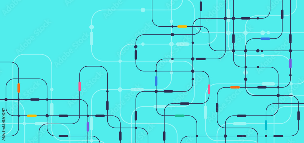 Poster abstract circuit network background with colorful lines and nodes on blue backdrop