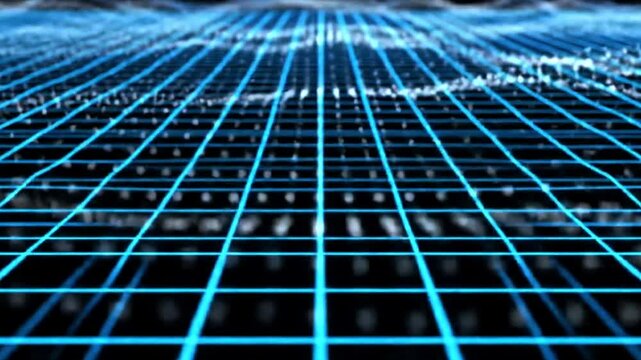 Glowing blue nodes pulse across a sharp grid, forming dynamic wave-like ripples in a sleek, hyperreal digital environment.