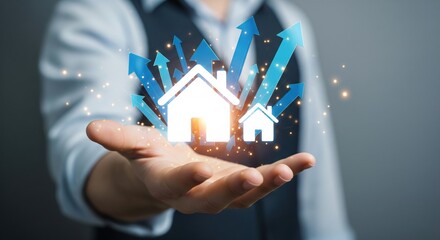 Housing Market Trends: A person's hand cradles a symbolic house, underscored by rising arrows, representing growth, expansion, and the upward trajectory of the property market.