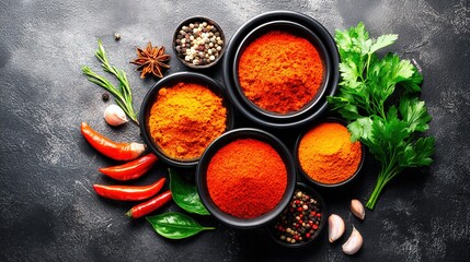 Assorted herbs and spices in artistic arrangement, celebrating natural flavors and culinary diversity
