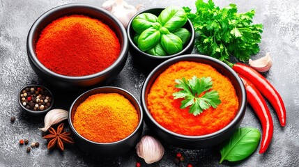 Assorted herbs and spices in artistic arrangement, celebrating natural flavors and culinary diversity