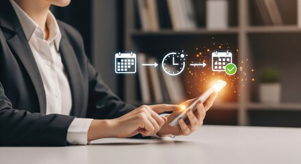 Precise Planning: A person in formal attire, elegantly utilizes a digital device, showcasing efficient scheduling with seamless integration and innovative features.