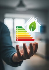 Eco-Friendly Home Efficiency: A hand holds a transparent image depicting an eco-friendly home, showcasing a vibrant energy efficiency rating and a symbolic leaf.