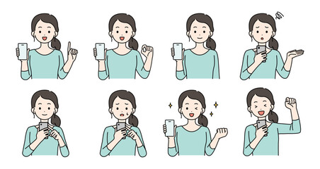 スマホを持つ女性のイラストセット