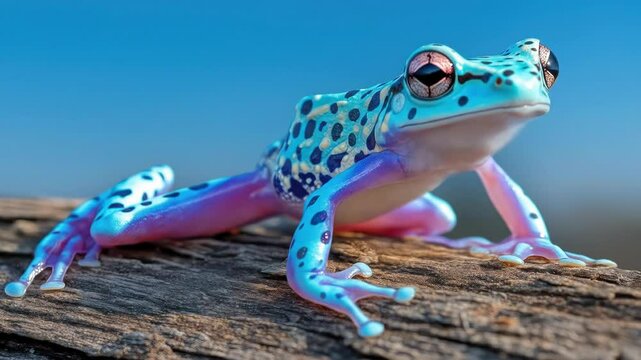 Bright purple blue frog sitting on wood outdoors  

