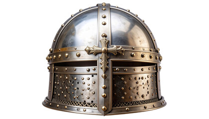 A Medieval crusader knight helmet displaying intricate metallic texture, ornate cross-shaped visor gleaming against transparent backdrop.