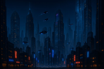 Obraz premium Futuristic Sci-Fi City at Night with Flying Vehicles and Modern Skyscrapers