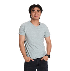 Portrait of handsome Asian man on white background