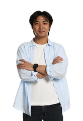 Portrait of handsome Asian man with crossed arms on white background