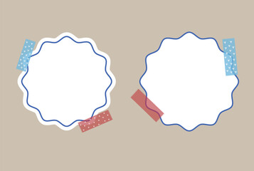 Decorative frames with wavy edges. Two Empty white frames on sticky tape. Vector realistic Mockup. Template. Photo card collage. 