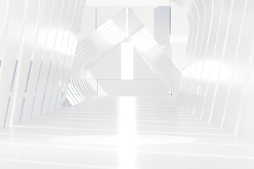 White podium pedestal on Sci-fi ackground with geometric shapes circle on one white floor and wall the platform for product presentation minimal style, copy space, abstract podium. 3d render.