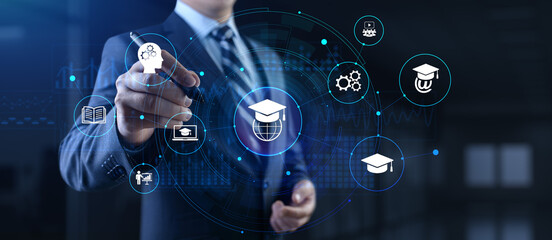 E-learning Online learning distance education concept. Businessman pressing button on screen.