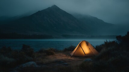 Tent glows beneath dark peak
