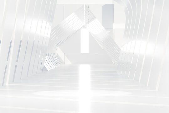 White podium pedestal on Sci-fi ackground with geometric shapes circle on one white floor and wall the platform for product presentation minimal style, copy space, abstract podium. 3d render.