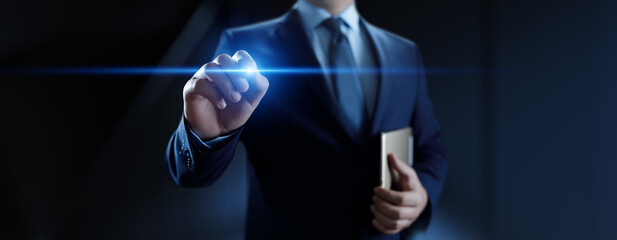 Businessman pressing button on virtual screen, Innovation and Digital Touch Interaction on Futuristic Technology Interface.
