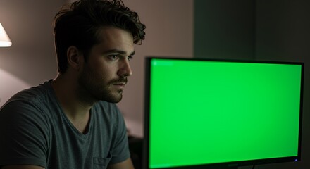 Young Man Intently Focused on a Bright Green Screen Computer at Night