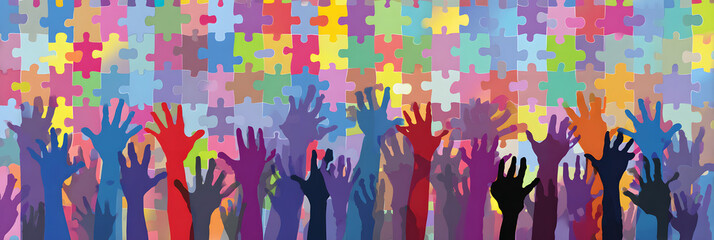 horizontal banner, Autistic Pride Day, World Autism Awareness, hands up, silhouettes of hands on the background of a multi-colored puzzle wall, rainbow background of puzzle parts