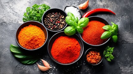 Assorted herbs and spices in artistic arrangement, celebrating natural flavors and culinary diversity。
