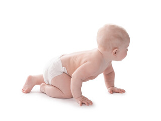 Cute little baby crawling on white background