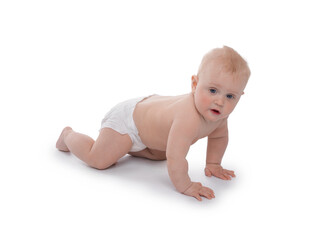 Cute little baby crawling on white background