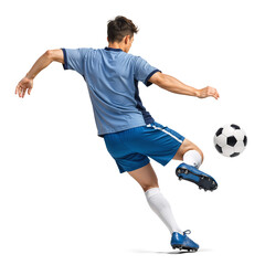 Obraz na płótnie Canvas Behind view of a pro football player about to kick a ball midair on isolated background