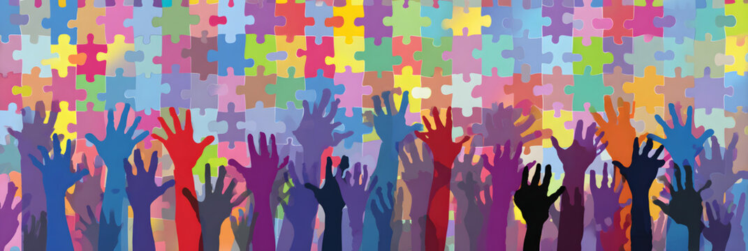 horizontal banner, Autistic Pride Day, World Autism Awareness, hands up, silhouettes of hands on the background of a multi-colored puzzle wall, rainbow background of puzzle parts