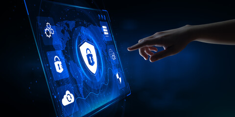 Cyber security information privacy data protection. Hand pressing button.