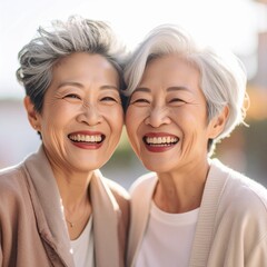 beautiful mature asian lesbian couple laughing, LGBT concept