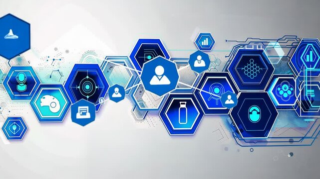 Abstract AI neural network concept featuring blue hexagons and icons on a clean white background