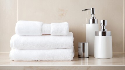 A stack of clean, towels folded on a bathroom shelf