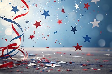 Red white and blue stars confetti and ribbons falling on a textured surface with bokeh background