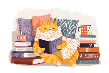 Cat with a book. National Book Lovers Day concept. Funny illustration for book day. Cozy leisure with a book. Сat is a book lover.