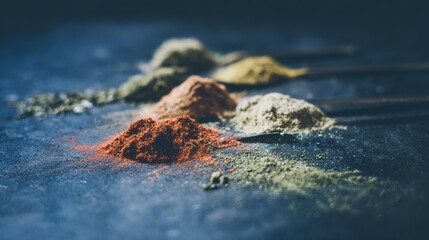 Assorted herbs and spices in artistic arrangement, celebrating natural flavors and culinary diversity