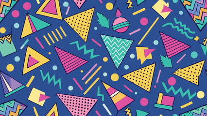 Obraz premium Retro 80s Memphis Style Geometric Pattern with Triangles Circles and Zigzags abstract
