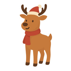Christmas reindeer with scarf and hat stands smiling in festive mood. This reindeer illustration captures cozy charm of a holiday-ready reindeer.