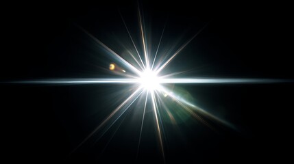 Bright lens flare effect with glowing solar energy light rays shining on dark black background creating abstract sunburst starburst illumination for design and concept art