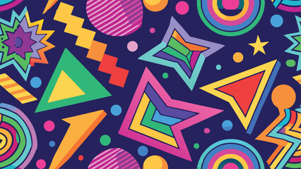 Vibrant geometric shapes and patterns on a dark blue background abstract