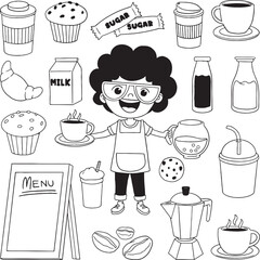 cheerful cartoon character barista surrounded by a variety of cafe and coffee shop items. This black and white vector illustration set includes coffee cups, muffins, croissants, and a menu board.