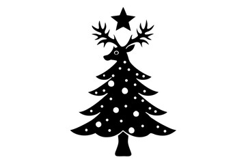 Silhouette Vector Art Illustration of Creative Christmas Tree  With Reindeer Head and Star Festive Christmas Symbol Black and White Design